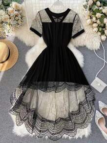 DreamSkyne 大码女式高低下摆撞色网眼短袖优雅连衣裙