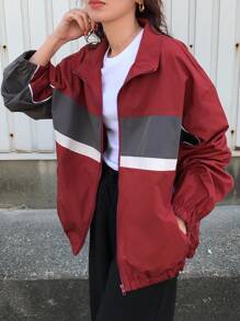 FRIFUL Women's Contrast Color Patchwork Loose Casual Jacket With Drawstring Hem, Graduation/Holiday/Beach Wear