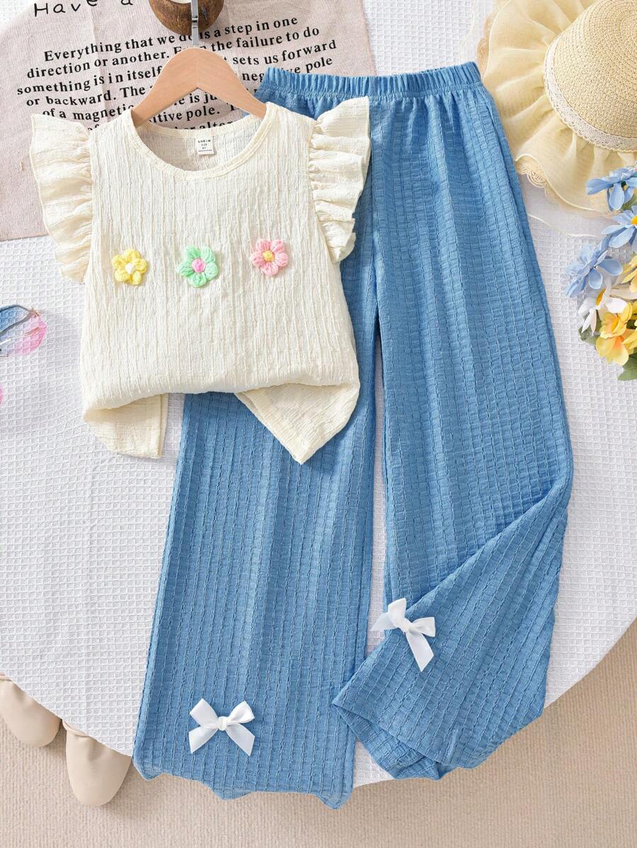 Apricot T-Shirt With Cap Sleeves And 3 Flower Appliques Paired With Casual Yellow Elasticated Waist Pants, School, Campus, College - Blue - View 1