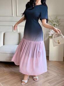 DAZY Vestido de media longitud con mangas abullonadas, plisado y con efecto ombré para mujer, vestido de invitada de boda - Rosa - Ver 4
