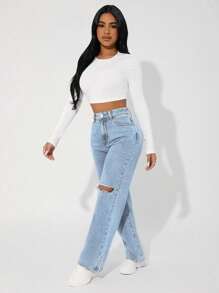 SHEIN PETITE Ripped Denim Jeans, Fashionable Design Suitable For Summer - Light Wash - View 3
