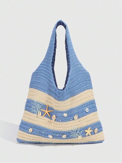 Fairycore 1pc Beach Style Color Block Blue Stripe Knit Tote Handbag, Shell & Starfish Decor Women Shoulder Bag