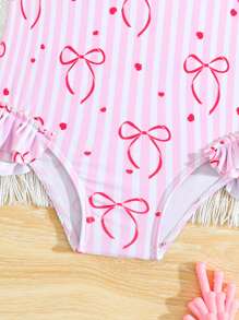 Baby Girl Striped Bow Print Ruffled Romper Swimsuit - Multicolor - View 5