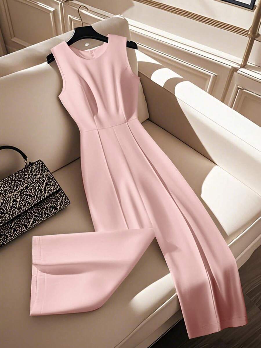 Franclia Mono blanco sin mangas con cuello redondo elegante para mujer, primavera/verano - Rosa Pálido - Ver 1