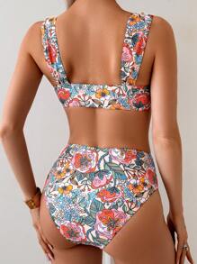 Swim Vcay 女式两件套花卉印花坦基尼，粗肩带高腰比基尼套装，休闲舒适度假泳衣 - 彩色 - 查看 2