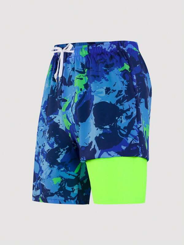 SHEIN Pantalones cortos/bañadores con estampado azul teñido anudado sencillo para adolescentes y jóvenes hombres, apropiado para usar en vacaciones en la playa