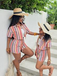 SHEIN Tween Girl Spring And Summer New Casual Vacation Shirt Collar Open Placket Short-Sleeved Cropped Top + Fitted Shorts Colorful Striped Tween Girl Two Pieces Set.Mommy And Me Matching Outfits(2pieces Are Sold Separately) - Multicolor - View 8