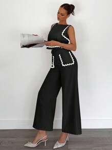 Siren Gaze Bộ trang phục mùa hè dành cho nữ 2 món, áo viền tương phản và quần dài thường ngày rộng rãi màu trơn, bộ đồ thường ngày phù hợp - màu đen - Xem 4