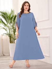 Lacomfia Elegant Embroidered Decor Plus Size Dress - Blue - View 6