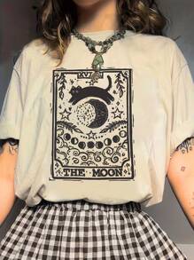 SHEIN CURVE+ Camiseta de cuello redondo de manga corta con estampado de gato y luna, apta para primavera y verano