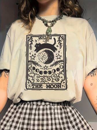 SHEIN CURVE+ 圆领短袖T恤，猫和月亮印花，适合春夏季