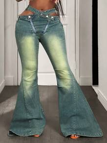 BamGleam Women's Cutout Flared Casual Waist Bag Denim Jeans - Blue - View 1