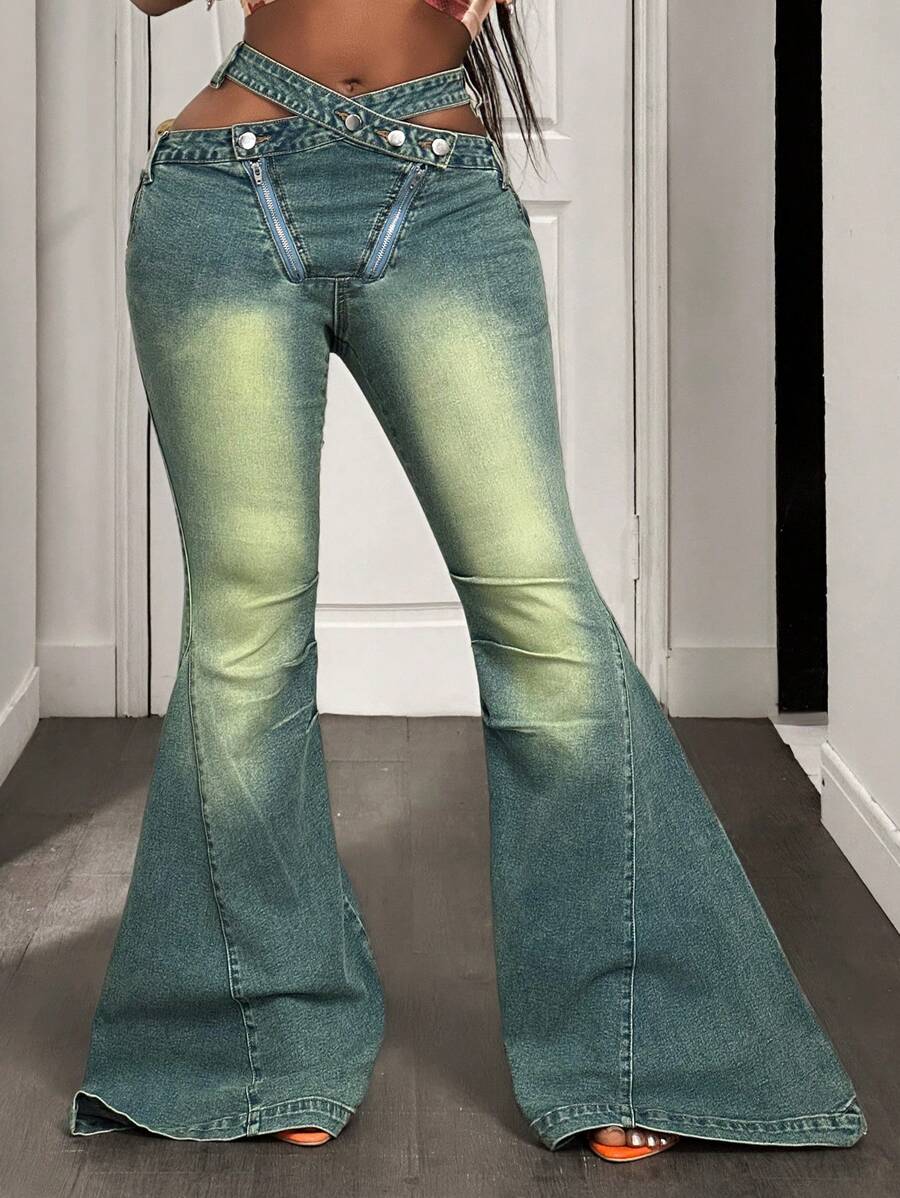 BamGleam Women's Cutout Flared Casual Waist Bag Denim Jeans - Blue - View 1