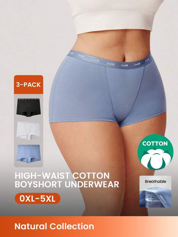 LUVLETTE Plus 3-Pack Women Plus Airy Comfortable Cotton Logo High-Rise Basic Boyshorts Underwear Boxers Lingerie As Outerwear Also Suitable For Teen Girl & Young & Kid