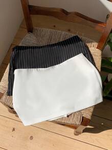 Comfortcana Women's Solid And Striped Mini Skirt, Simple, Stylish And Versatile, Casual, Two-Piece, With Shorts Lining - Black and White - View 5