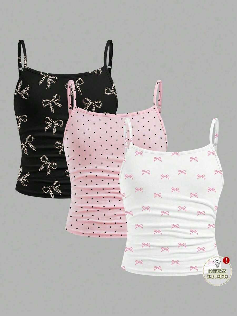 SHEIN EZwear 3 件套女士休闲度假吊带背心 - 粉色蝴蝶结、粉色波尔卡圆点、黑色蝴蝶结和动物印花图案，性感且适合夏季