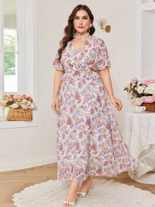 Modelyn Plus Size Women Chiffon Floral Print Ruffle Hem Dress - Multicolor - View 4