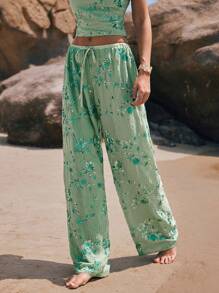 Poéselle Sequin Embroidered Wide Leg Pants – High Waist Drawstring Boho Beach Trousers For Summer,Wide Leg Pants, Beach Pants, Embroidered Trousers, Boho Pants, Summer Pants Women, Flowy Pants, Y2k Fashion, Vacation Outfits Women Sage Green Dress - Green - View 5
