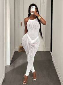 BamGleam 女式镂空渔网紧身连衣裤，低领 - 白色 - 查看 5