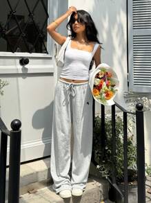 SHEIN EZwear Pantaloni da tuta casual estivi, morbidi e larghi, con cordoncino e ricamo