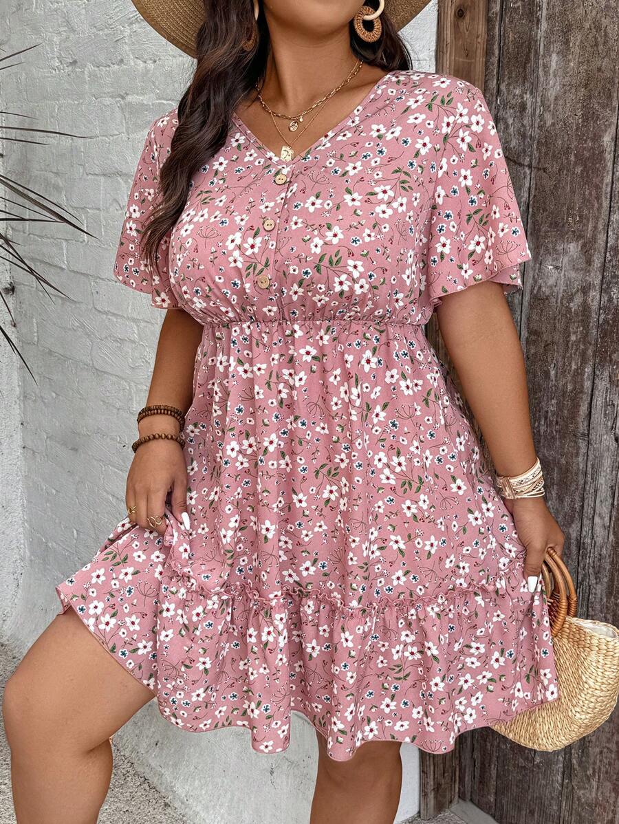 SHEIN VCAY Đầm Maxi Cổ Chữ V In Hoa Tay Ngắn Đơn Giản Cho Nữ Size Lớn - Bụi hồng - Xem 1