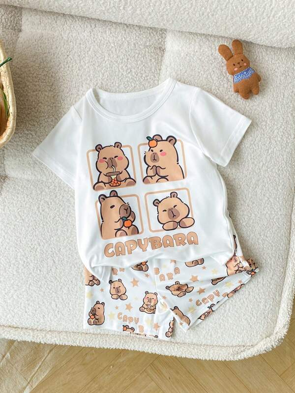 SHEIN 2 pezzi di set di t-shirt a maniche corte e pantaloncini con stampa carina di capibara, casual per bambini (maschi e femmine) adatto per uso quotidiano, misure da 0 a 3 anni
