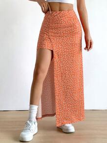 SHEIN EZwear 橙色碎花长款开叉下摆休闲 A 字裙，夏季女士 - 橘色 - 查看 6