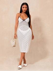SHEIN SXY New Color Block Bowknot Splicing Sleeveless Bodycon Mini Dress For Women, Summer - Black and White - View 5