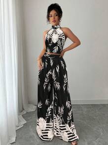 Breezaya Women's Elegant Vacation 2Pcs Set, Halter Neck, Back Tie, Floral Wide Leg Pants Set