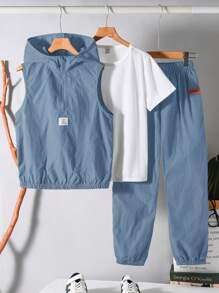 Compra 2 y llévate 1 gratis, Set de 3 piezas para niños preadolescentes con sudadera con capucha y cremallera, chaleco y pantalones de cintura elástica de estilo escolar casual, cómodo, de moda simple y práctico, con camiseta básica gratis, adecuado para otoño, primavera, verano, uso diario, al aire libre, escuela, calle, fiesta, hogar