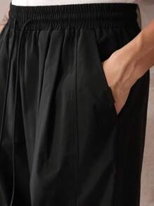 SUMWON 阔腿裤 宽松休闲抽绳裤 宽松高腰褶裥裤 现代都市街头风 周末舒适风格 - 黑色 - 查看 7