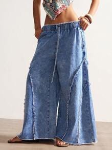 Bohemela Pantalones vaqueros anchos de mujer en unicolor vintage trenzados y sueltos con abertura lateral estilo bohemio