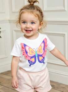 Cozy Pixies Baby Girl Butterfly Pattern Knitted Soft Round Neck Ruffle Trim Short Sleeve Pullover Top - Blue - View 9