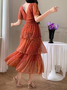 DAZY 女士优雅V领荷叶袖亮片装饰中长连衣裙，适合婚礼宾客穿着，奢华舞会礼服，闪亮连衣裙 - 橘色 - 查看 2