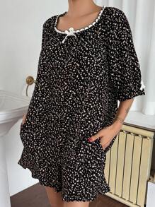 DAZY Conjunto de pijama de mujer con estampado floral diminuto y con ribete de encaje