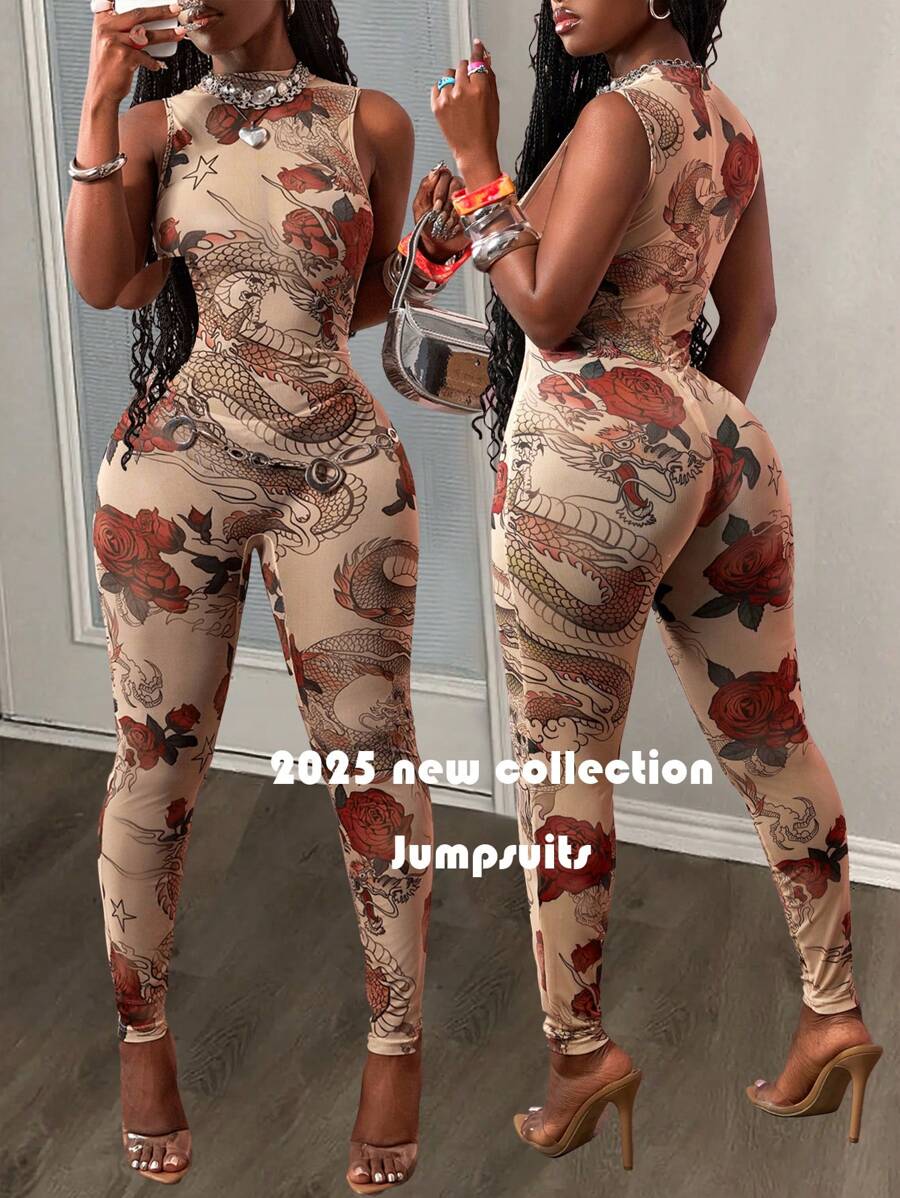 Slaydiva New Spring And Summer Casual Street Sexy Small Stand-Up Collar Sleeveless Slim Trousers With Full Apricot Bottom Rose Dragon Print Mesh Print Women's Tight Jumpsuit-B