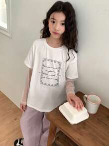 DAZY 2pcs/Set Tween Girl Crew Neck Printed Short Sleeve T-Shirt + Long Pants Set, Spring/Summer,Back To School Clothes - White - View 1