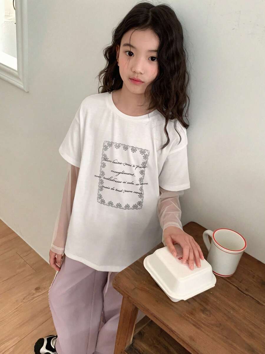 DAZY 2pcs/Set Tween Girl Crew Neck Printed Short Sleeve T-Shirt + Long Pants Set, Spring/Summer,Back To School Clothes - White - View 1