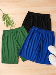 SHEIN Set de 3 pantalones cortos informales de parchwork con cintas reflectantes para adolescentes varones, en colores negro/gris/azul, para ropa deportiva y de estar en casa
