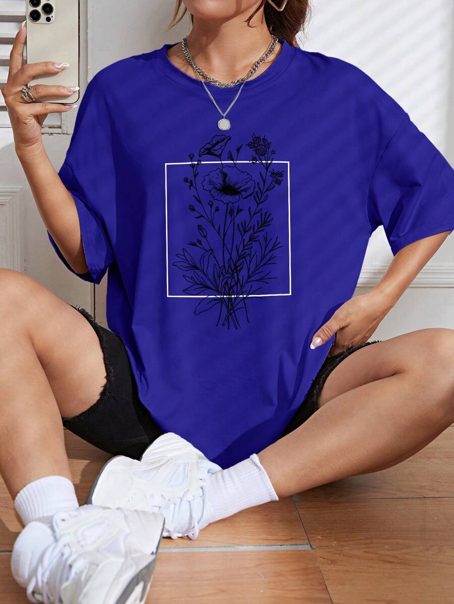 INAWLY Women's Floral Print Casual Loose Round Neck Drop Shoulder T-Shirt, Summer - Royal Blue - View 1