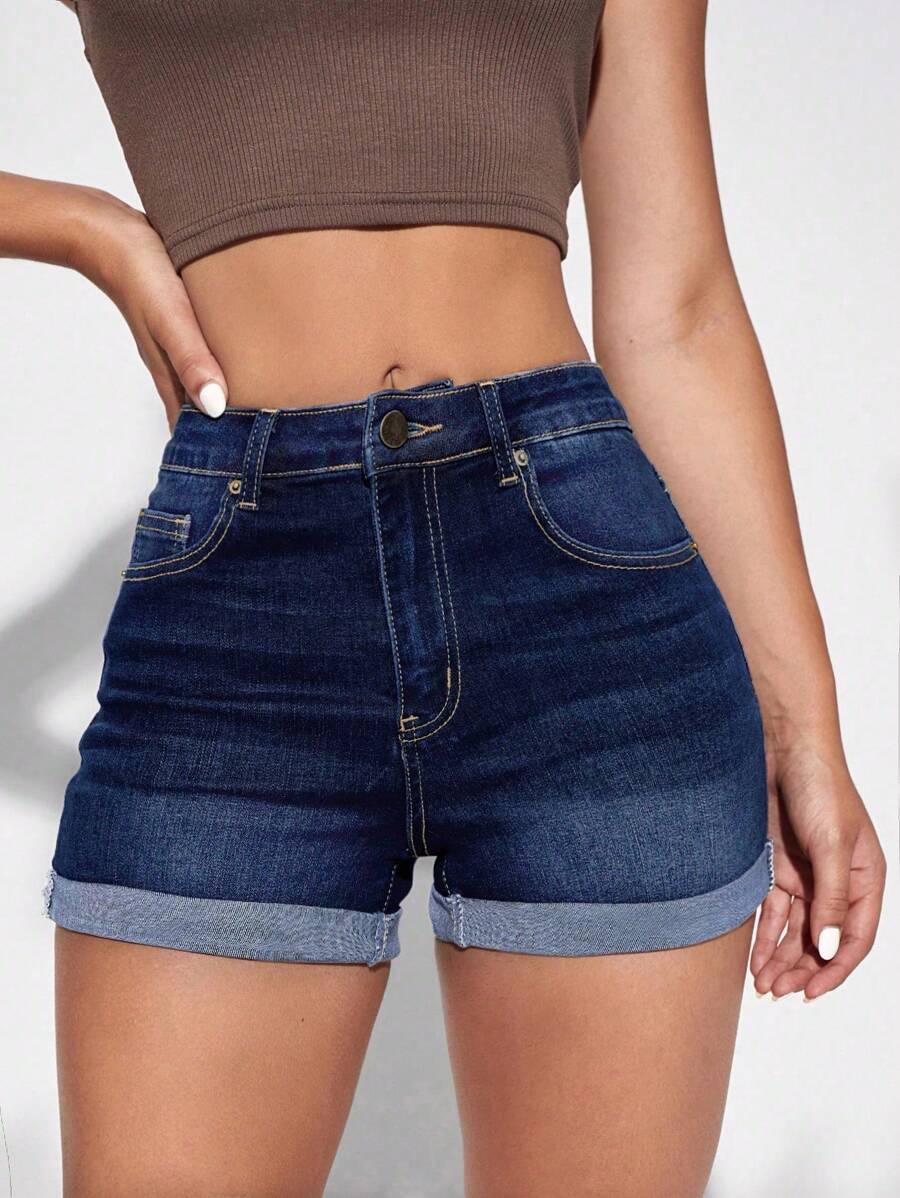 SHEIN Essnce 女式带口袋卷边休闲牛仔短裤 - 深色水洗藍 - 查看 1