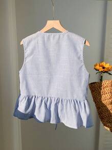 SHEIN PETITE CURVE Plus Size Women Striped Front Tie Ruffle Hem Sleeveless Blouse - Blue and White - View 2