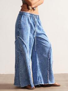 Bohemela Pantalones vaqueros anchos de mujer en unicolor vintage trenzados y sueltos con abertura lateral estilo bohemio