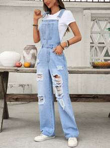 SHEIN Essnce بناطيل ذات قطع مرتفع وقفطان جينز متعدد الاستخدامات للسيدات للارتداء اليومي - أزرق فاتح - مشاهدة 4