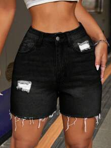 SHEIN PETITE Shorts vaqueros casuales versátiles para mujer con bolsillos, dobladillo deshilachado y desgastados - Negro - Ver 5