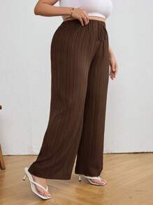 SHEIN Tall CURVE 夏季休闲纹理阔腿七分裤 - 咖啡棕 - 查看 3