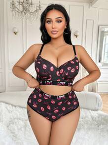 SHEIN 2pcs Plus Size Sexy Underwire Bra Set With Lip Print, Padded And Lift-Up Design For Women - Multicolor - View 1