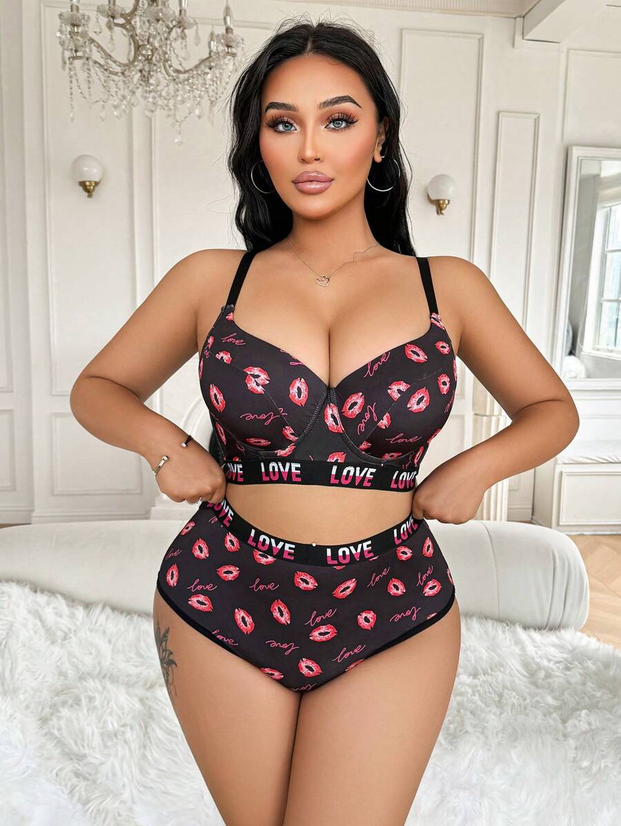 SHEIN 2pcs Plus Size Sexy Underwire Bra Set With Lip Print, Padded And Lift-Up Design For Women - Multicolor - View 1