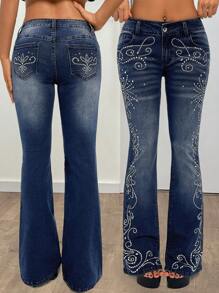 EgrlEra Front Panel Rhinestone Wash Skinny Flared Jeans - Dark Wash - View 1