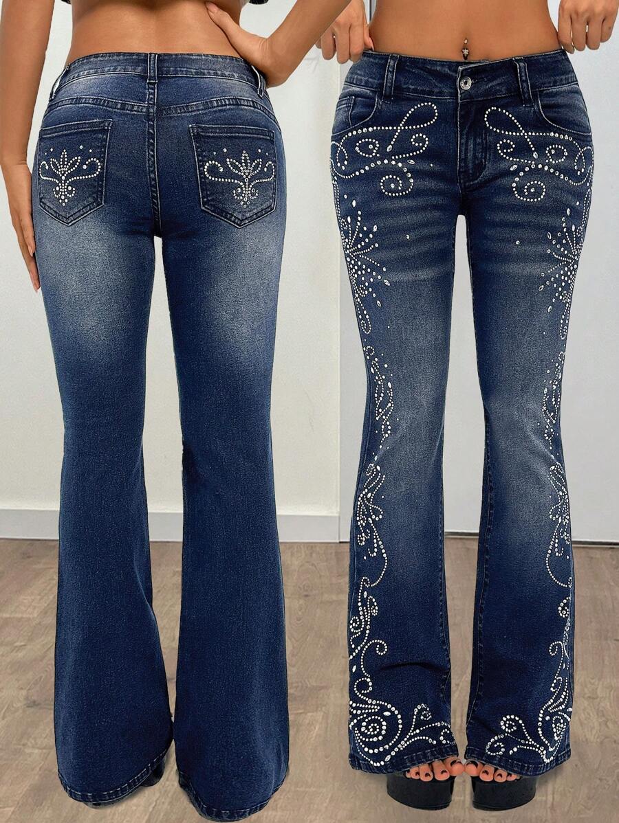 EgrlEra Front Panel Rhinestone Wash Skinny Flared Jeans - Dark Wash - View 1